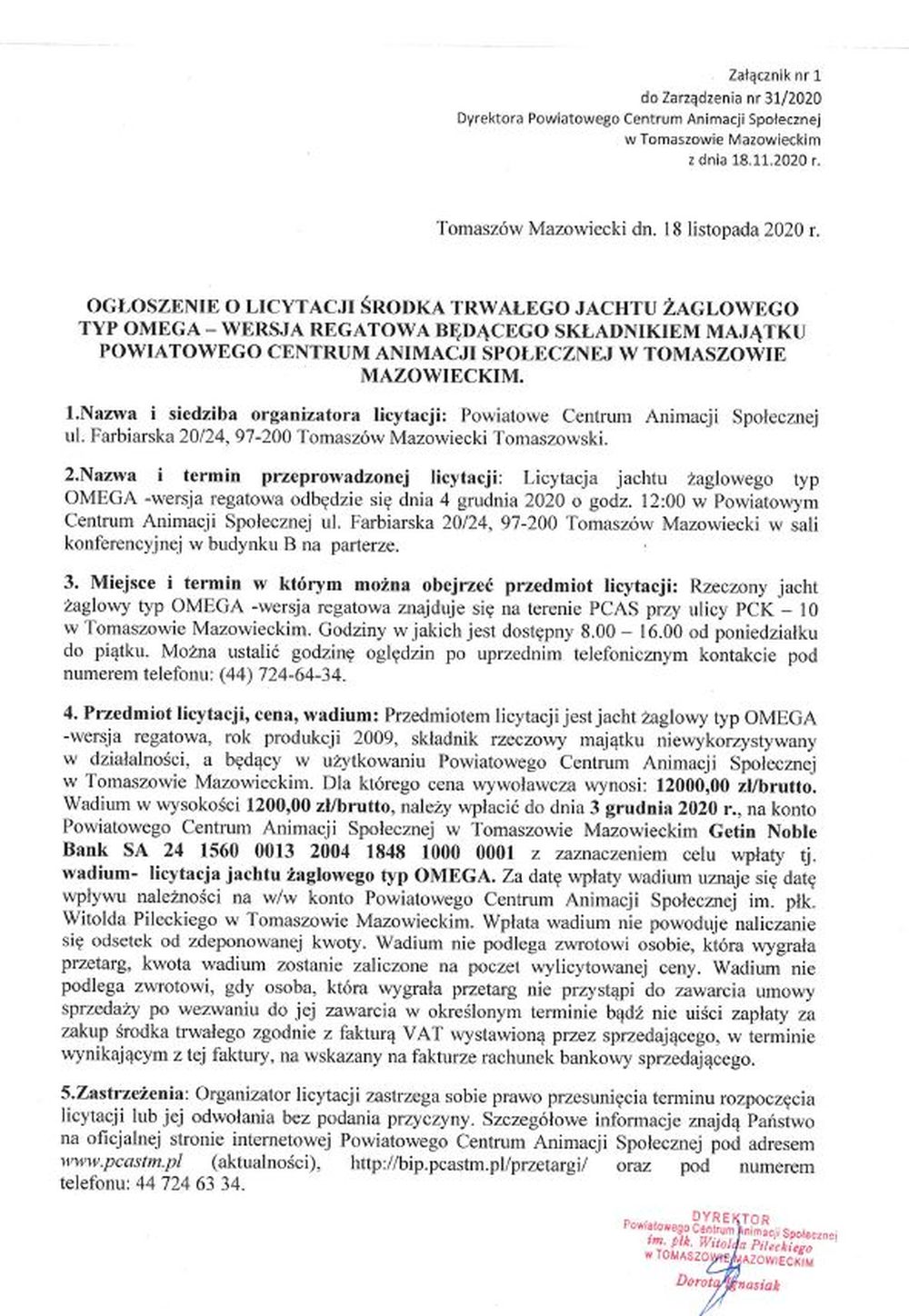 PCAS ogłasza licytację jachtu żaglowego typ Omega