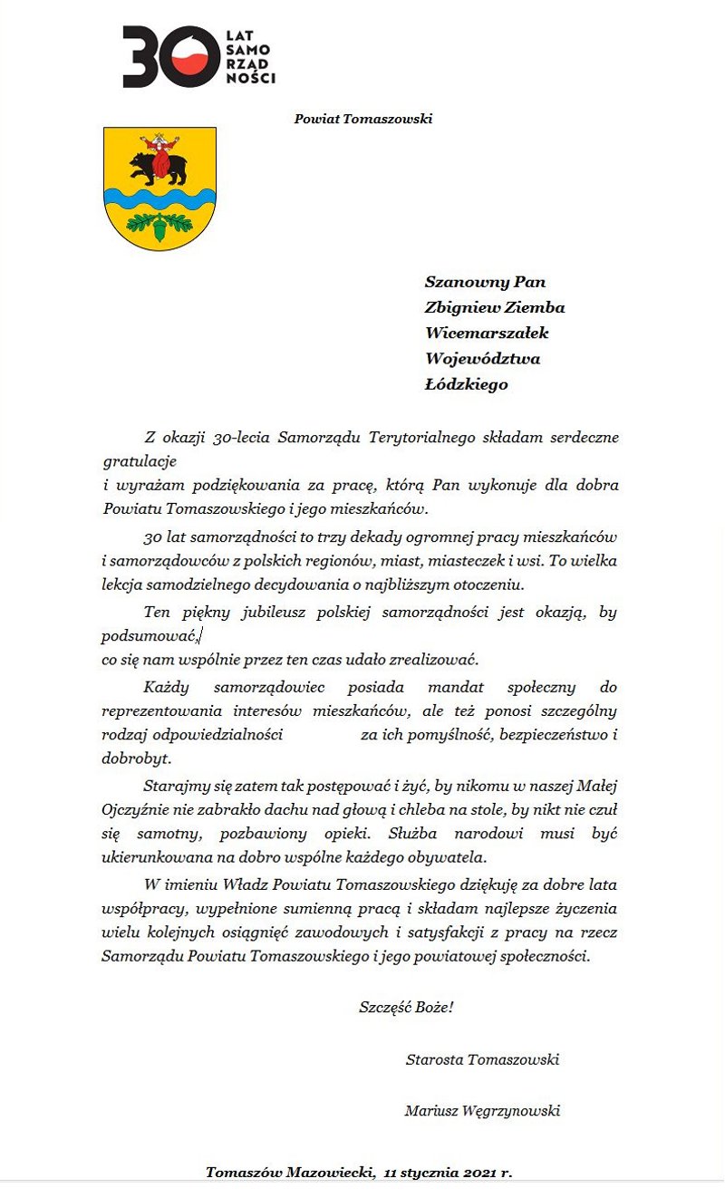 Podziękowania dla Wicemarszałka – Zbigniewa Ziemby z okazji 30-lecia Samorządu Terytorialnego