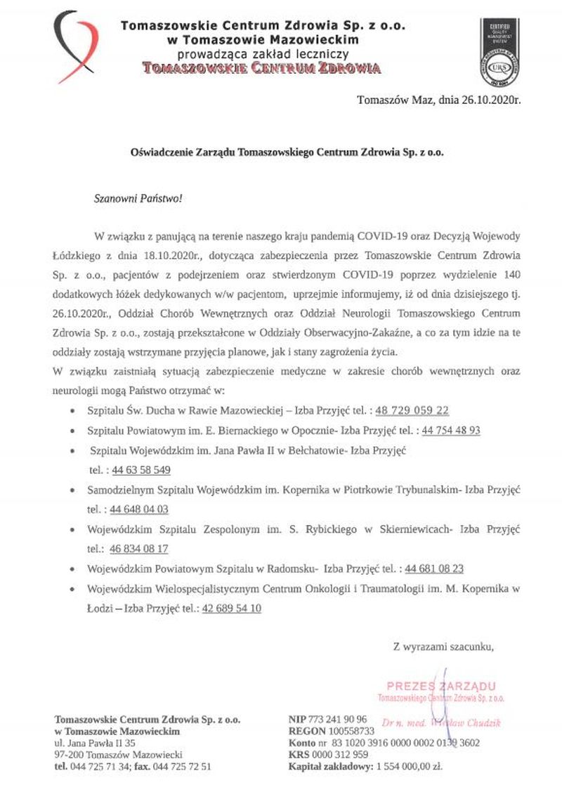 Oświadczenie Zarządu Tomaszowskiego Centrum Zdrowia Sp. z o.o.