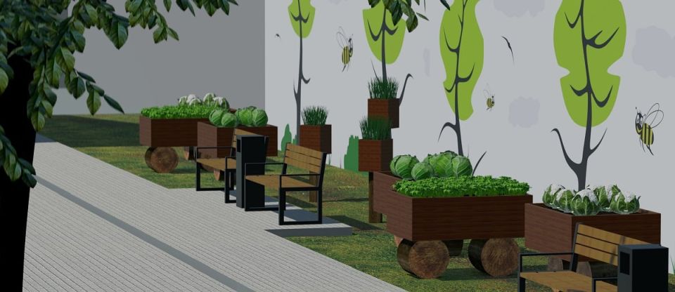 Na zdjęciu: wizualizacja ogródka warzywnego, który powstanie przy Powiatowym Centrum Animacji Społecznej w  Tomaszowie Mazowieckim w ramach projektu „Eko, zdrowo, pozytywnie”, realizowanego przez PCAS we współpracy z Firmą Eneris