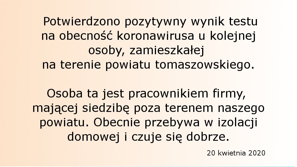 Pozytywny wynik testu na obecność koronawirusa u kolejnej osoby