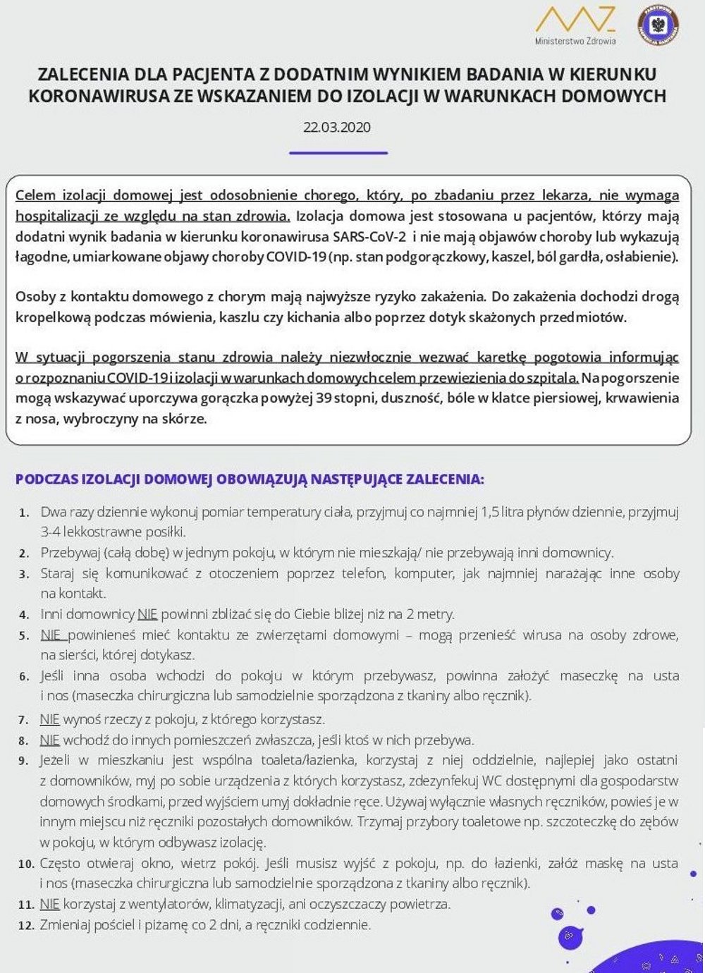 Zalecenia dla pacjentów z koronawirusem
