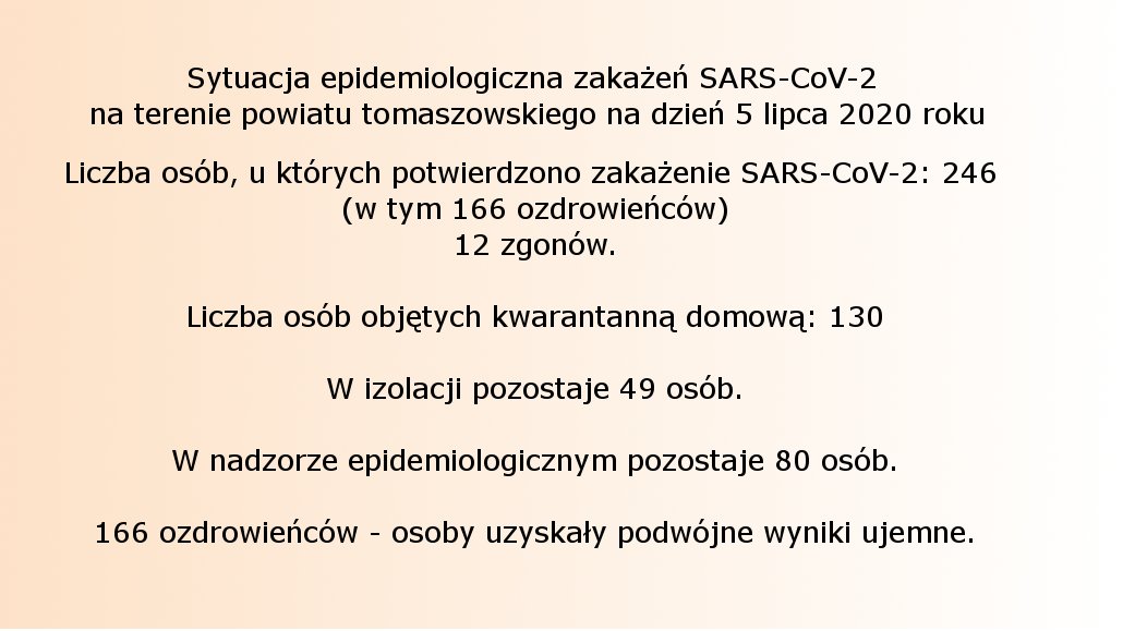 Sytuacja epidemiologiczna zakażeń SARS-CoV-2 na terenie powiatu tomaszowskiego na dzień 5 lipca 2020