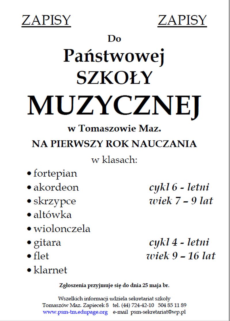 Państwowa Szkoła Muzyczna ogłasza nabór do klasy pierwszej 
