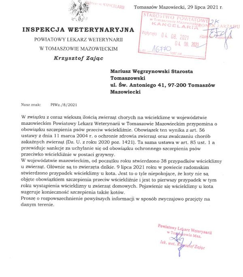 Na zdjęciu: list Powiatowego Lekarza Weterynarii w Tomaszowie Mazowieckim, przypominający o obowiązkowym szczepieniu psów przeciw wściekliźnie