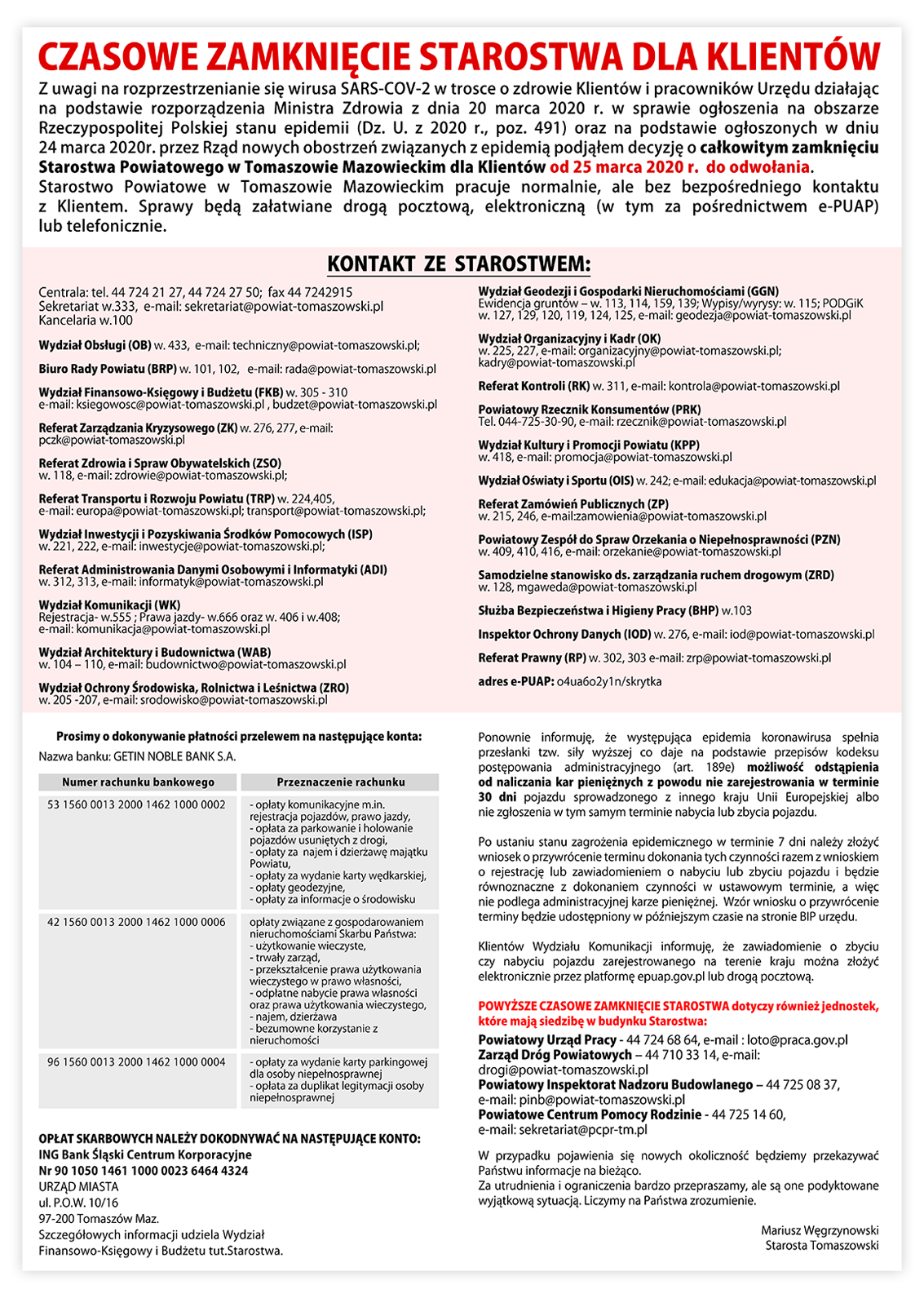 Całkowite zamknięcie Starostwa Powiatowego dla Klientów od 25 marca 2020 r. do odwołania