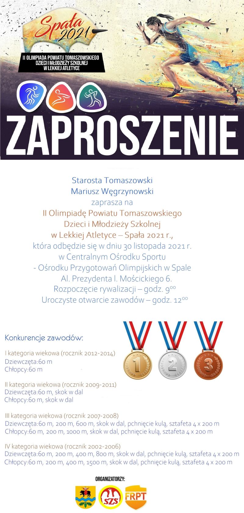 Na zdjęciu: zaproszenie na II Olimpiadę Powiatu Tomaszowskiego Dzieci i Młodzieży Szkolnej w Lekkiej Atletyce Spała 2021