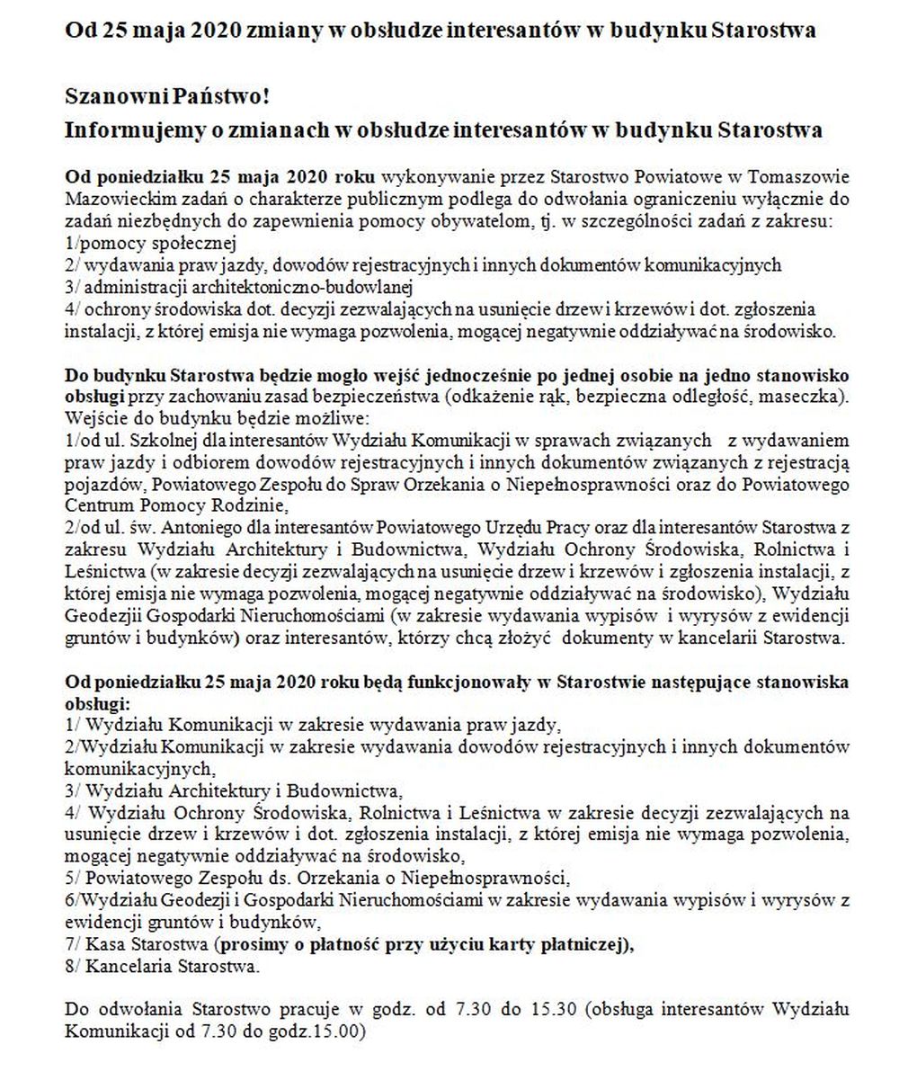 Od 25 maja 2020 zmiany w obsłudze interesantów w budynku Starostwa 