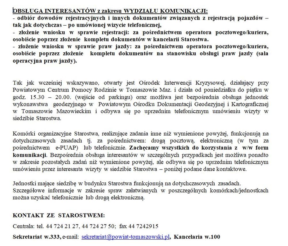 Od 25 maja 2020 zmiany w obsłudze interesantów w budynku Starostwa 