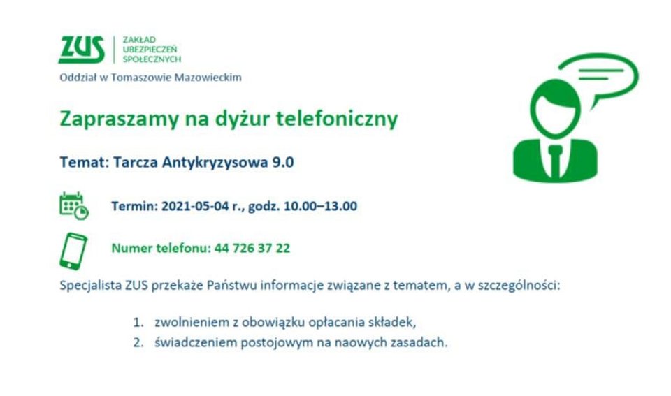Na zdjęciu: ulotka ZUS, informująca o telefonicznym dyżurze eksperta, dotyczącego Tarczuy Antykryzysowej 9