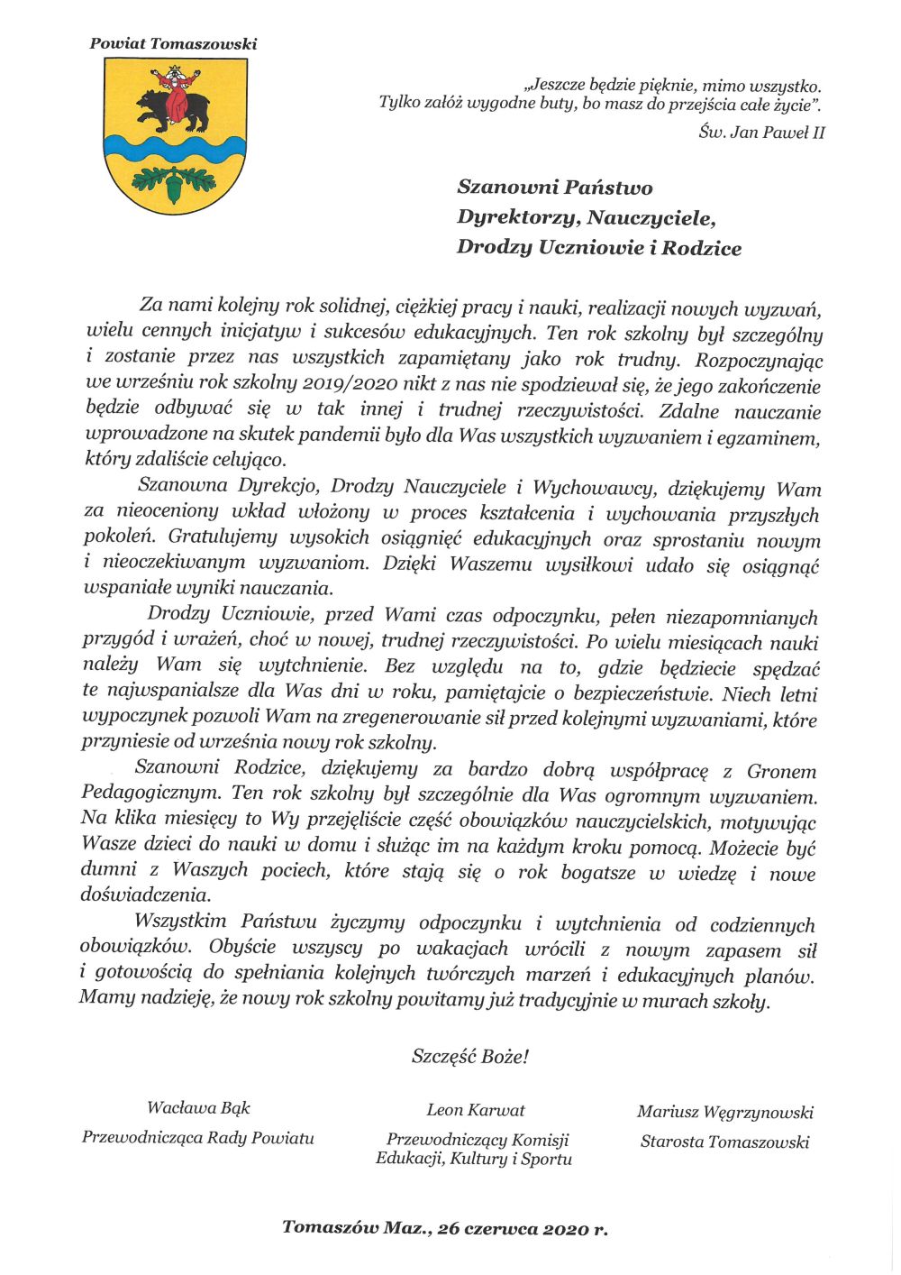 Szanowni Państwo Dyrektorzy, Nauczyciele,  Drodzy Uczniowie i Rodzice